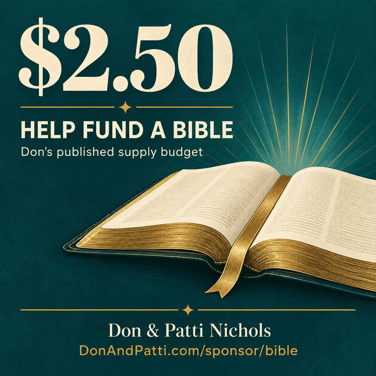 Help fund a Bible. Don & Patti Nichols ministry graphic.